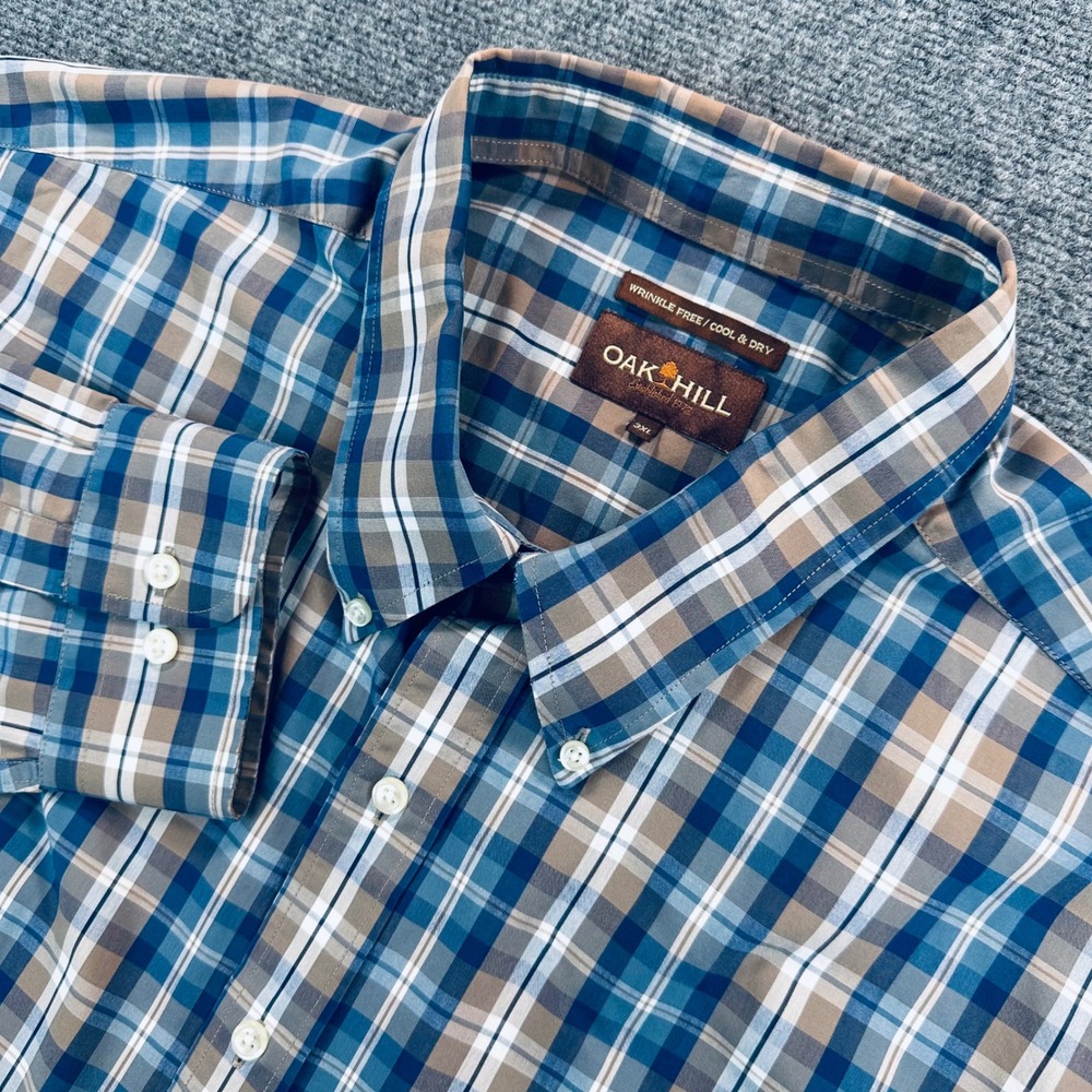 Oak Hill Men's 3XL Blue Tan Plaid WRINKLE FREE Button Down Shirt Cool Dry Cotton - Picture 1 of 12